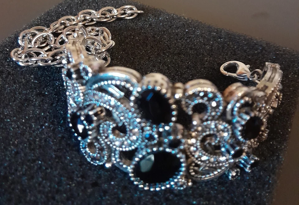 MAGNIFICO BRACCIALE-VISSON '20 ROMANOV OPALE NERO,MARCASITE,LEGA ARGENTO-ORO ! - Immagine 4 di 4