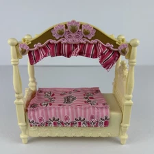 Fisher-Price Dollhouse Canopy Bed w/ Pink Bedding & Hearts 2009 Mattel Furniture