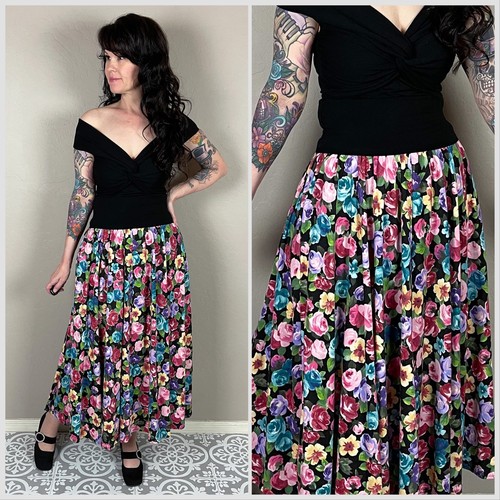Vintage 1980s Smock Waist Colorful Floral Print Jersey Mom Skirt - S/M
