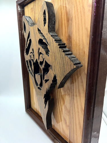 Oak Wood Carved/Cutout 3D Wolf Head Handmade Wall Art - 17.25" T x 12.75" W - Picture 4 of 6