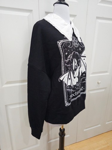 Dolls Kill Goth The Grave Girls Quiet Student Black White Collar Bat Sweatshirt - Picture 3 of 5