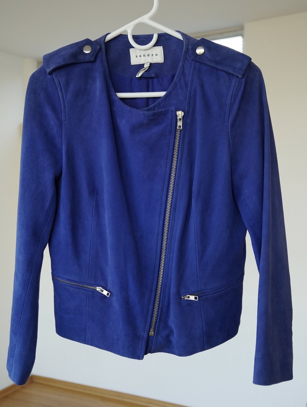 SANDRO – WOMEN – Suede Collarless Jacket – Cobalt Blue, Size US 1 – Preowned.