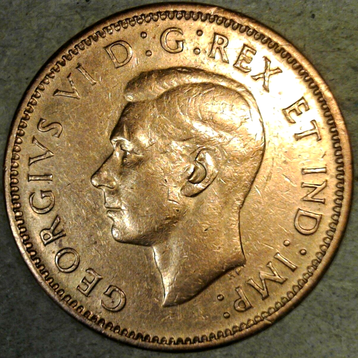 1947 Canada Cent AU Red-Brown Strong Die-Clash @ Large Bud King