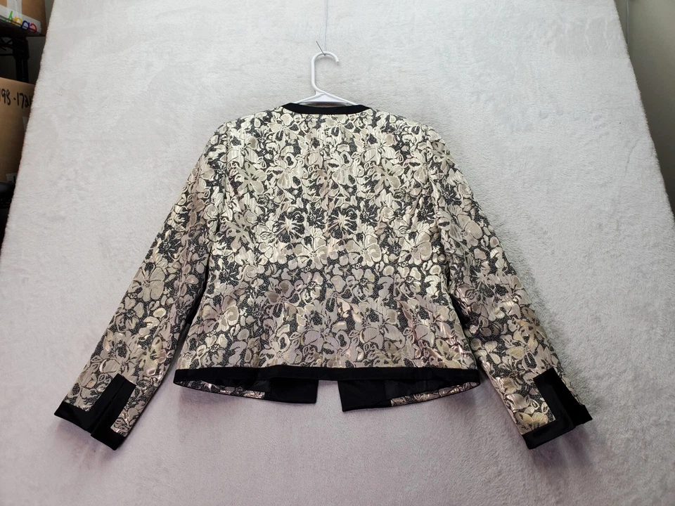 Chaqueta Blazer Nipon Boutique Mujer Petite 4 Dorado Metálico Floral Frente Abierto Foto 2 de 4