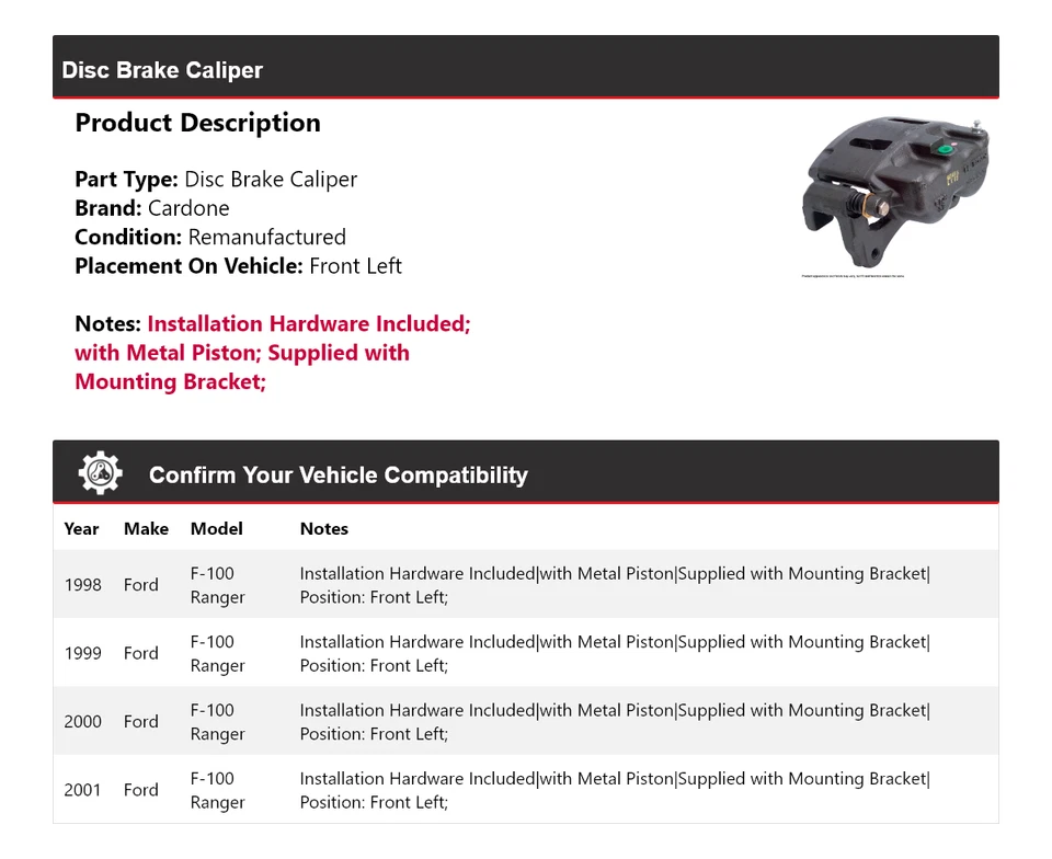 Pinza de freno de disco delantera izquierda cardone 1999 2000 para Ford F-100 Ranger 1998-2001 Foto 2 de 4