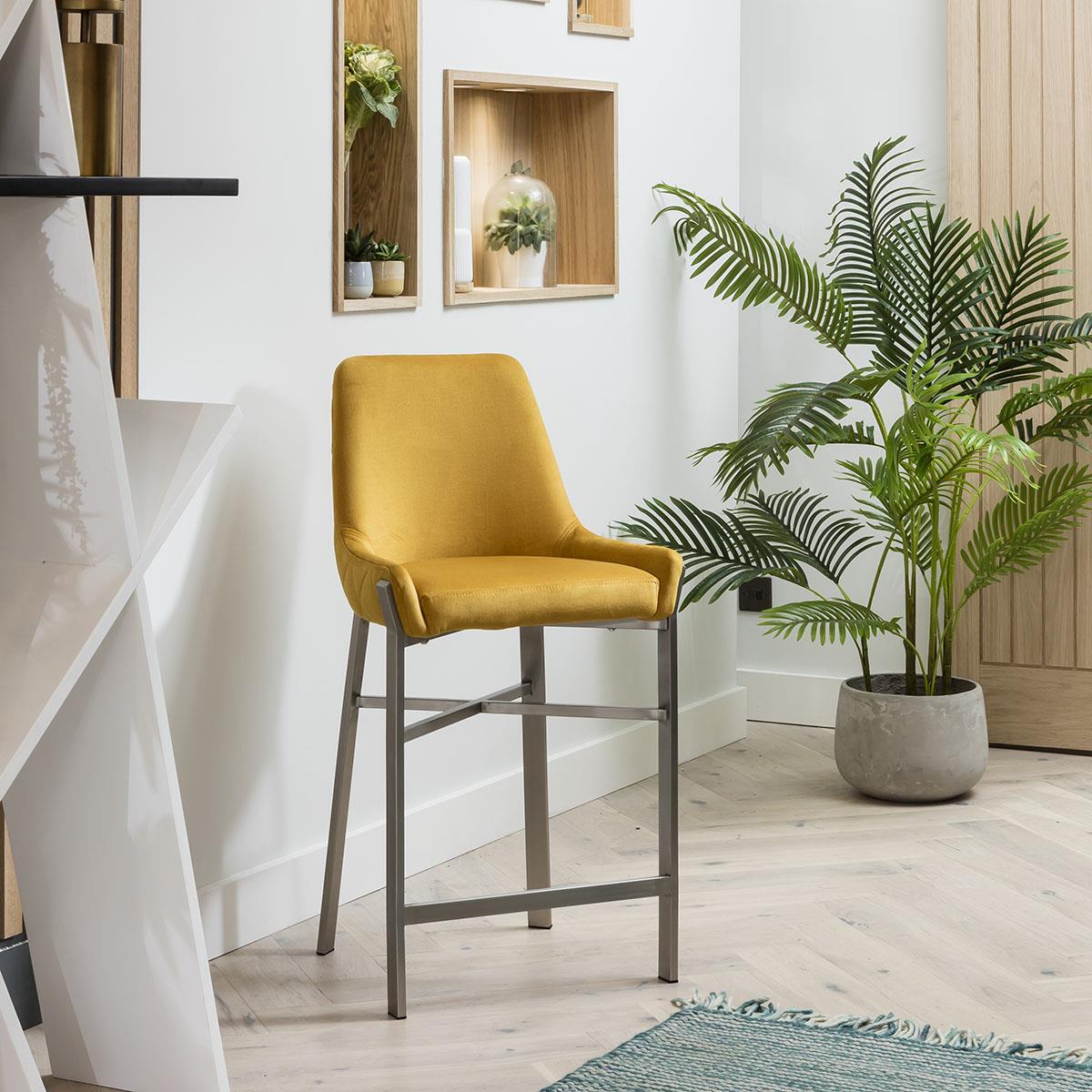 Modern Kitchen Counter Bar Stool with Back Mustard Yellow UK