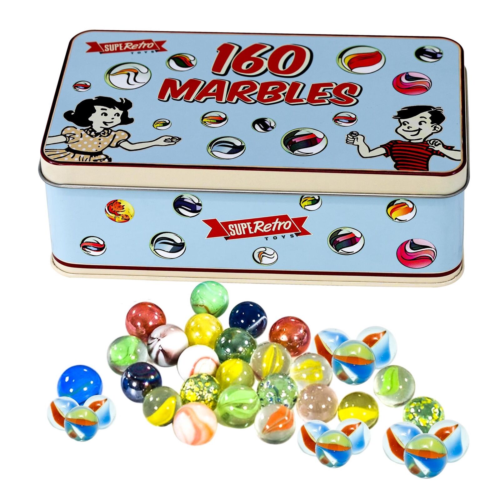 Traditional Classic Retro Glass Marbles In a Tin 160pcs Game Assorted Colour