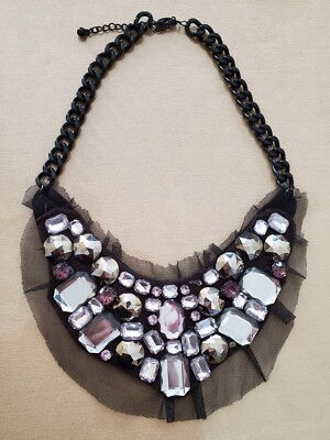 STUNNING HAND CRAFTED STATEMENT NECKLACE  W/RHINESTONES & BLACK CLOTH
