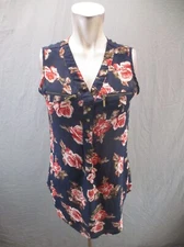 J for Justify Size S Womens Floral V-Neck Faux Zip Pockets Sleeveless Blouse 233