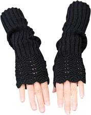 Novawo Women's Scale Design Winter Warm Knitted Long Arm Warmers Gloves Black 