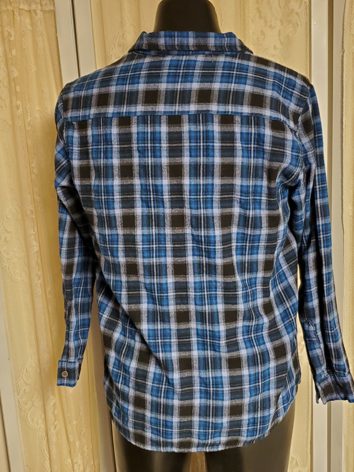 VTG Mens S 90s grunge Flannel Shirt blue plaid open trails cotton