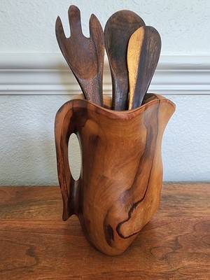 Vtg. Hand Carved Solid Wood Pitcher & Salad Utensils 60s 70s Boho 10''Hx5.5Lx4.5W