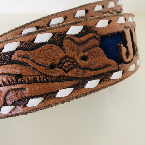 Vtg Leather Hand Tooled Western Belt Name Julie Hippie Cowgirl Size 33 Floral - Picture 5 of 15