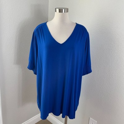 Susan Graver Weekend Womens Plus 3X Blue Tunic Top Smocked Sleeves Liquid Knit