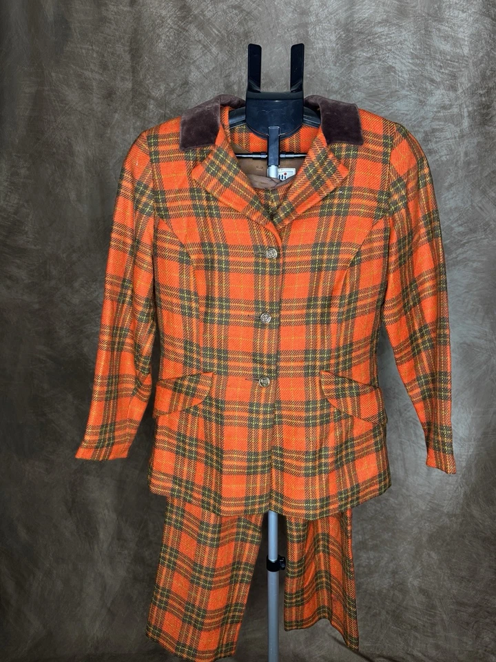 RARO De Colección Años 60 70 3 Piezas Mono a Cuadros Petit by Val Hughes Mod Traje Pantalón Chaleco Pantalones Foto 3 de 4