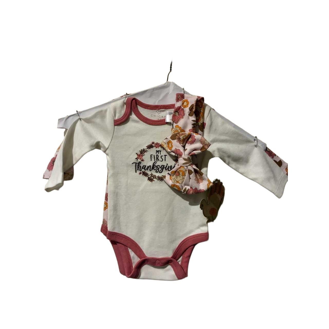 Chickpea Baby Girl My First Thanksgiving Long Sleeve Bodysuits & Bow Set 0-3M