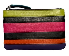 ILI Genuine Leather Stripe Key/Card/Coin Purse With RFID In BLack Brights
