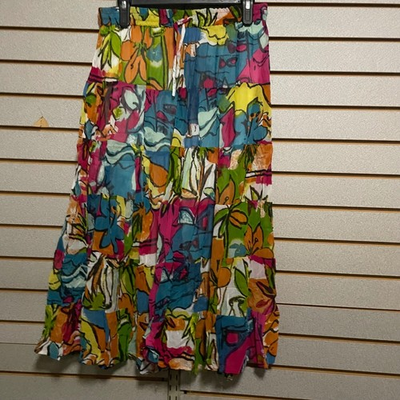 #ad SILVER STEAM Tiered Maxi Skirt Bohemian Floral Print Drawstring Waist Womens M $23.99