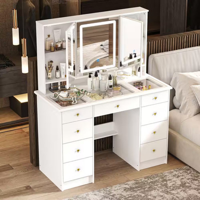 White Makeup Vanity Desk 9 Drawers Wood Dressing Table with 3 Mirrors, Glass Top