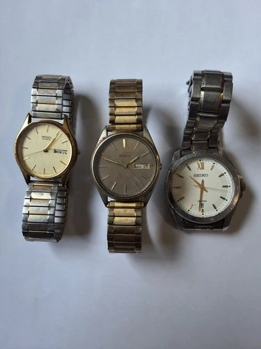 Vintage Lot Of 3 Seiko Quartz Wristwatches With Date Need  Batteries Untested