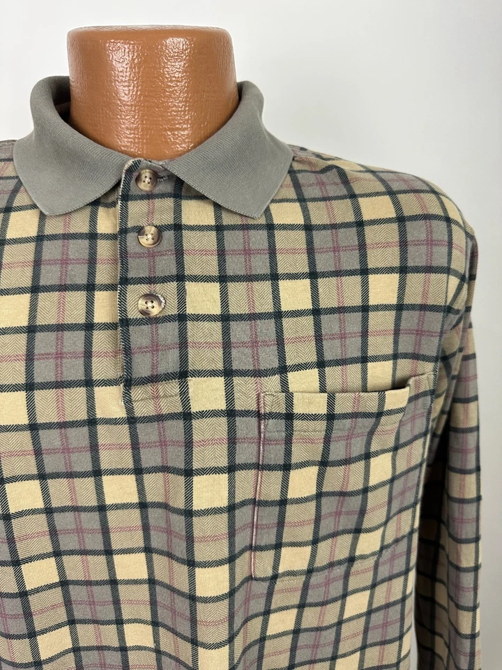 Vintage 90s Plaid Polo Shirt Men Medium Beige Gray Cotton Pocket Roundtree Yorke - Image 3 of 4