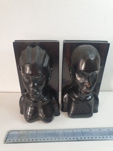 Pair Of Vintage Handcarved Ebony Bookends African Man & Woman Busts - Picture 5 of 21
