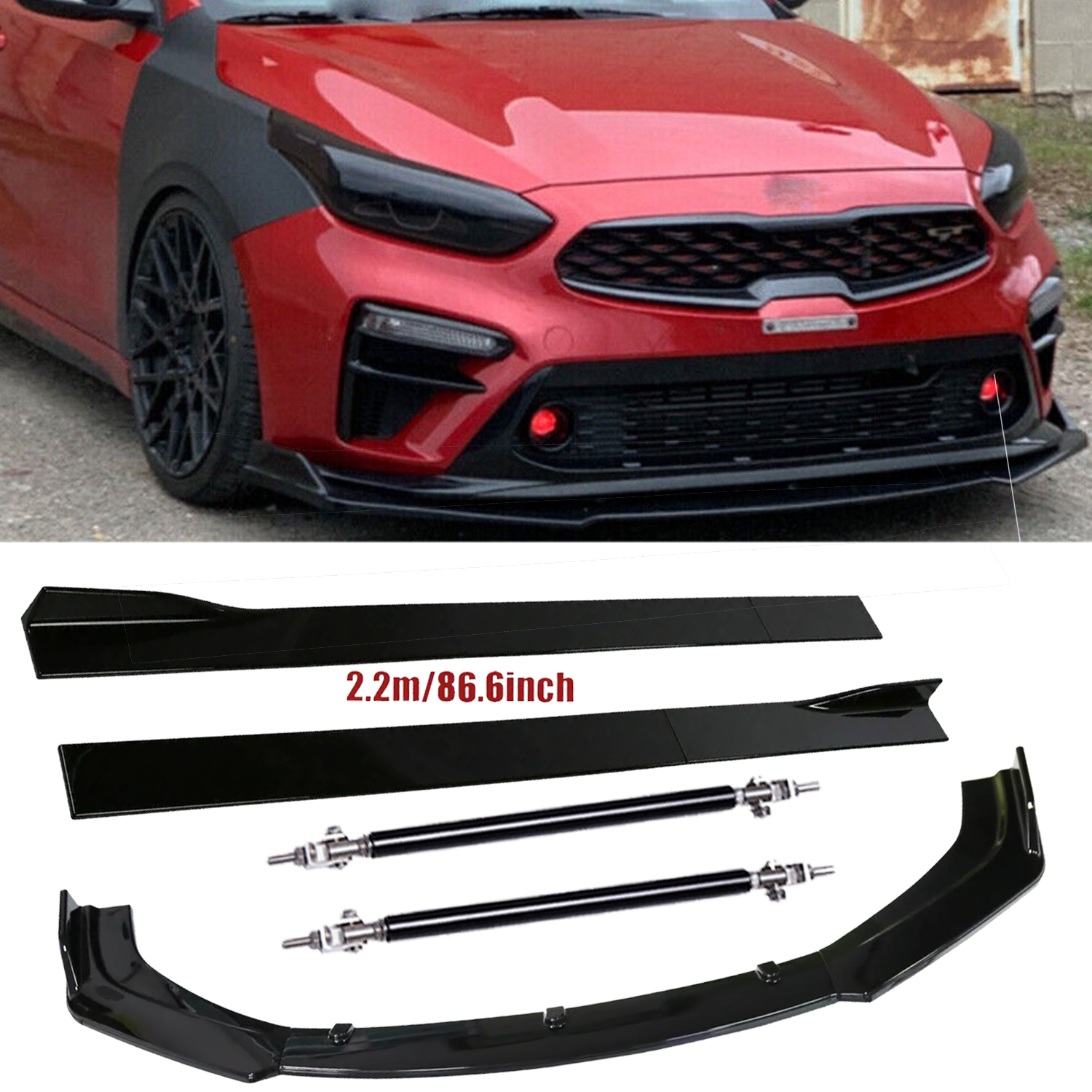 Front Bumper Lip Splitter Spoiler Strut Rods For Kia Forte GT Glossy Black