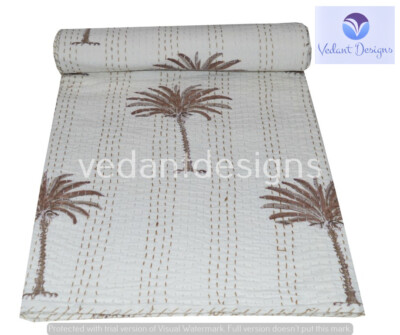Indian Tree Double Kantha Handmade Quilt Cotton Bed Cover Throw