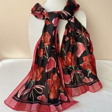 Vintage Red  Black Semi-Sheer Long Scarf w/ Roses  Hearts