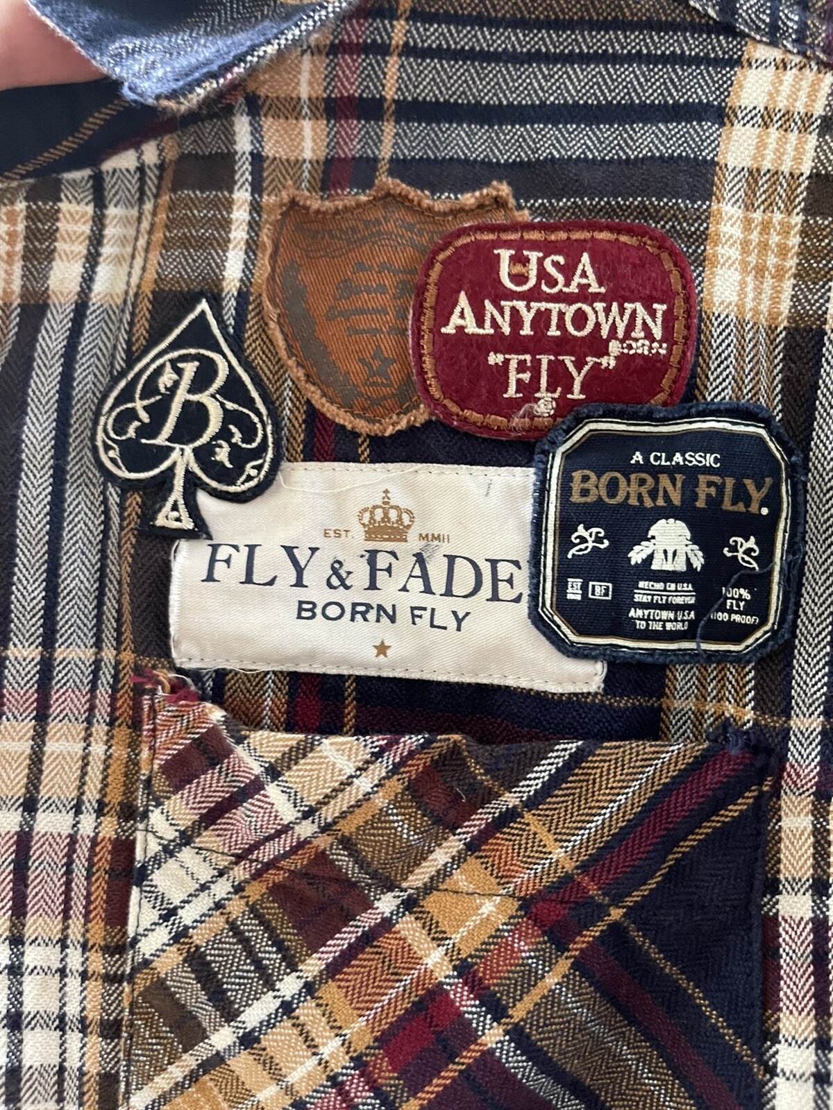 Born Fly Blue Plaid Flannel Patchwork Button Shir… - image 3