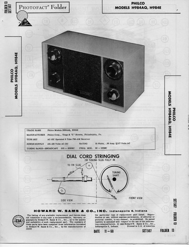 1960 PHILCO H984AQ RADIO SERVICE MANUAL PHOTOFACT SCHEMATIC H984E REPAIR FIX - 第 1/1 張圖片