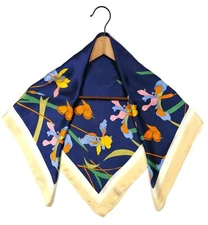 Silk Feel Pattern Square Scarves 27" X 27”Iris-Navy