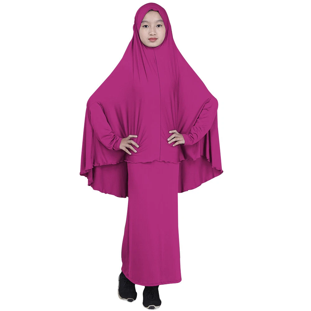 Ramadan Children Girls Overhead Khimar Hijab Prayer Dress Set Muslim Robe Burqa
