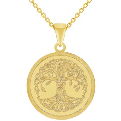 14k Solid Yellow Gold Tree of Life Medallion Pendant with Chain