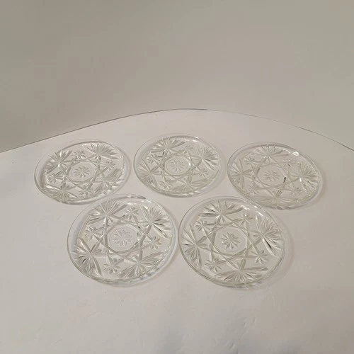 VTG Plates 5 Clear Anchor Hocking Oatmeal Glass 4 3/8" Starburst Coasters