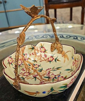 Colorful Porcelain Chinoiserie Round Basket. Bronze Handle. Hand Painted