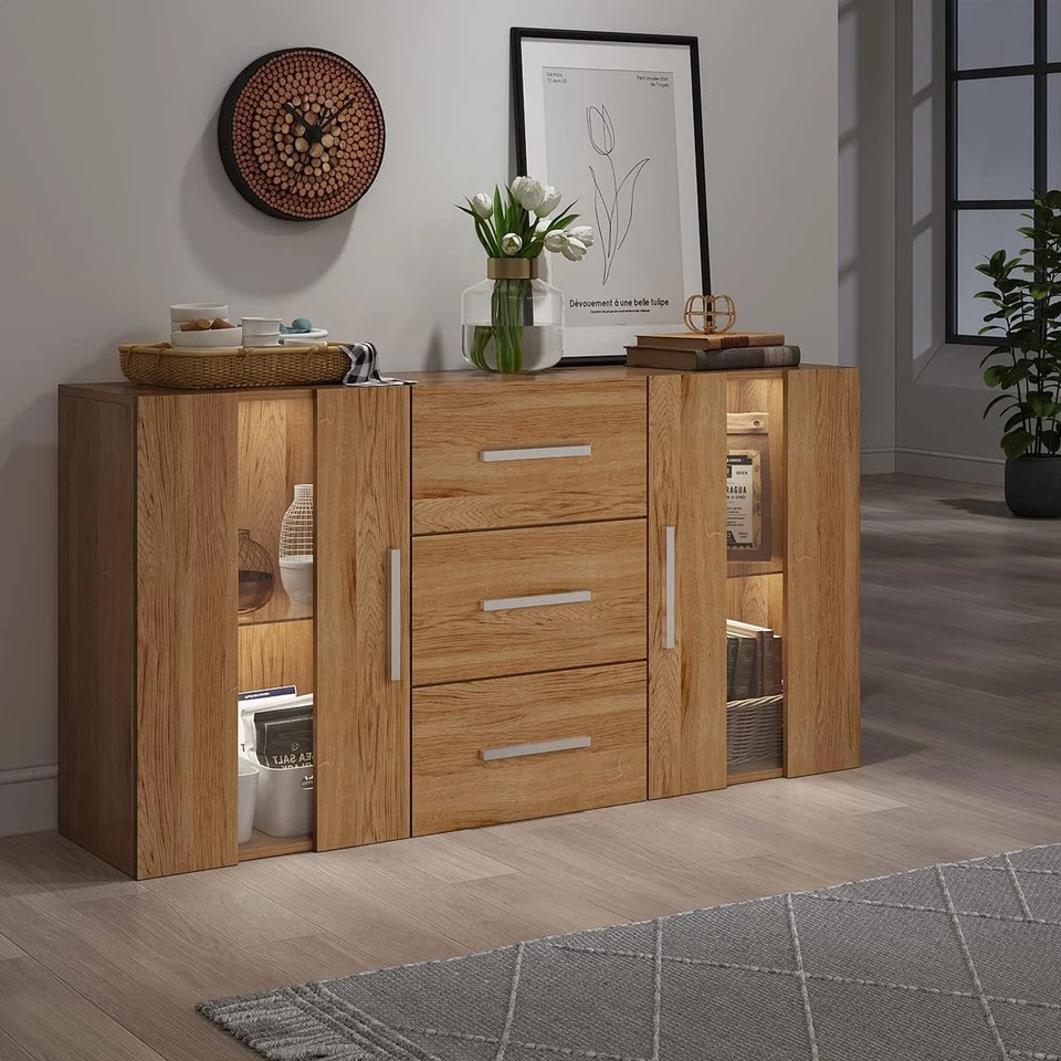 LED Sideboard Cabinet with Drawers, Glass Doors & Storage Lights, Oak - Image 3 of 4