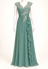 Green Lace Applique Cap Sleeve Ruffle Bridesmaid Dress Lace-Up Back Sz 6