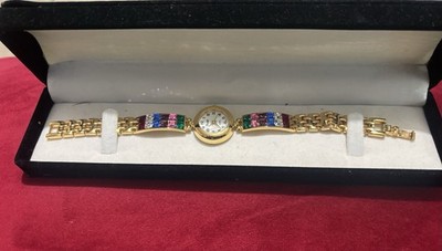 Borel Quartz Wristwatch Gold Multicolor Metal Bracelet Analog Round Dial w/ Box