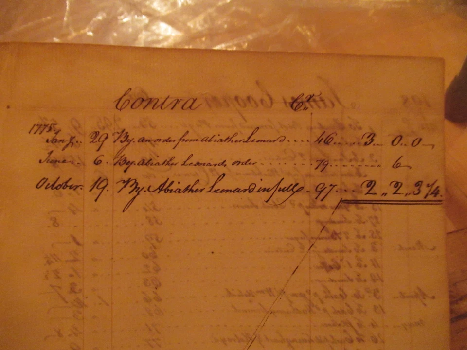 1775 Colonial Ledger Page James Cooper Dr w/ Abiathar Leonard Contra Entries - Image 4 of 4