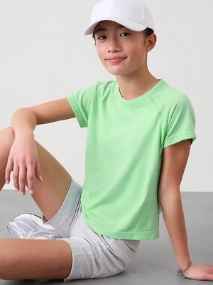 New Athleta Girl S/7 Power Up Sport length Tee Small Jade Aqua Stripe