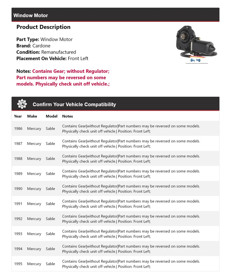 适用于 1986 - 1995 年水星貂窗电机前左 Cardone 1987 1988 1989 1990 — 第 2/4 张图片