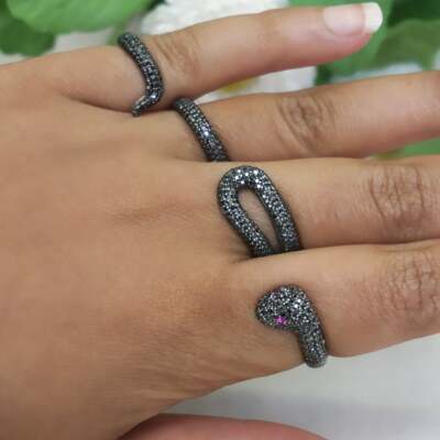 Natural Black Diamond Four Finger Snake Ring 925 Sterling Silver Fine Jewels