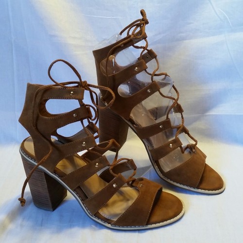 CATO SANDALS Womens Size 10M Brown Strappy Lace Up 4” Chunky Heels Faux Suede - 第 11/11 張圖片