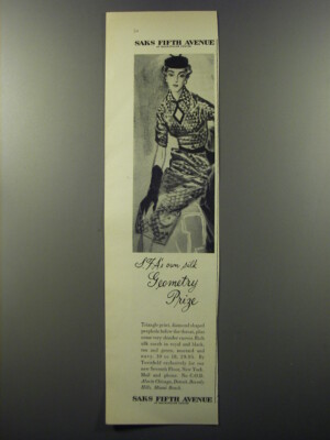 1953 Saks Fifth Avenue Dress by Townfield Ad - S.F.A.'s own silk Geometry prize