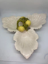 Vintage Pottery 3 Leaves Serving Dish LEMONS & Leaves Handle USA 403