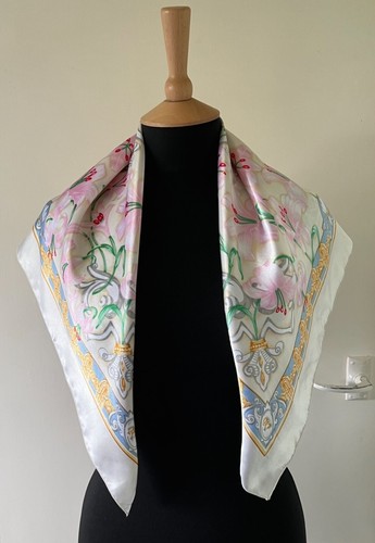 PIERRE BALMAIN White Pink Silky Print Large Vintage Head Square Scarf Ladies 28" - Picture 4 of 20