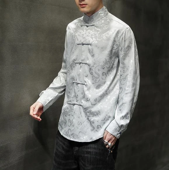 Chinese Style Mens Retro Stand Collar Shirt Plus-size Jacquard Tang Tops 2025 - Image 4 of 4