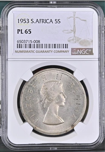 SOUTH AFRICA 5 Shillings 1953, NGC PL 65, Gem UNC / BU, Prooflike, Beautiful. A4