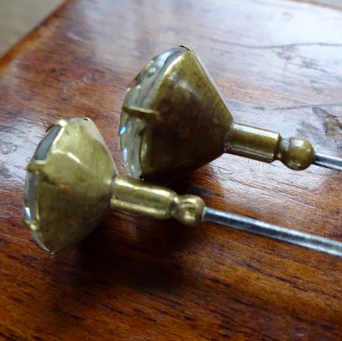 PAIR antique Victorian clear glass rhinestone top 8.7" long hat pin -Z55 - Picture 2 of 5